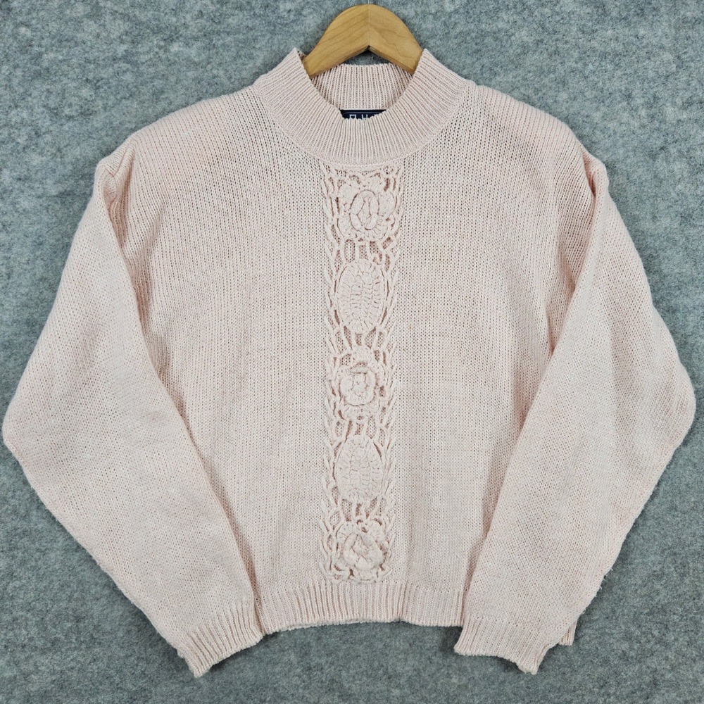 OHI Mock Neck Knit Sweater Women's Size M Pink Floral Ramie/Cotton Pullover SPOT